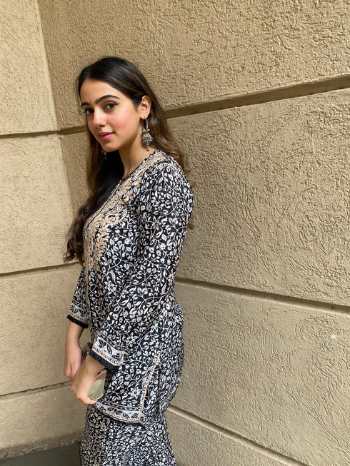 Amita in Chikankari Co-ord set in Polysilk for Women- Black With Golden